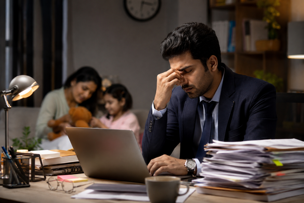 Stressed employee struggling to balance office work and family life
